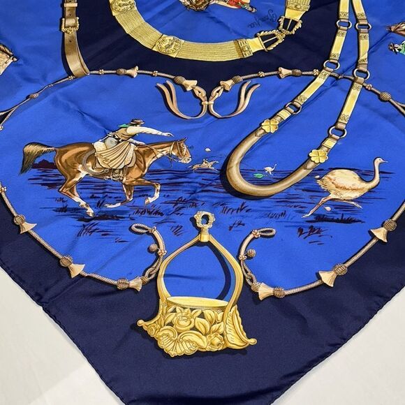 Vintage Hermes Pampa Scarf by Jean De Fougerolle Navy/Royal Blue Gold - Picture 7 of 10